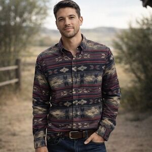 American Eagle Aztec Western Button Shirt Blue & Maroon Tribal Print Mens Medium